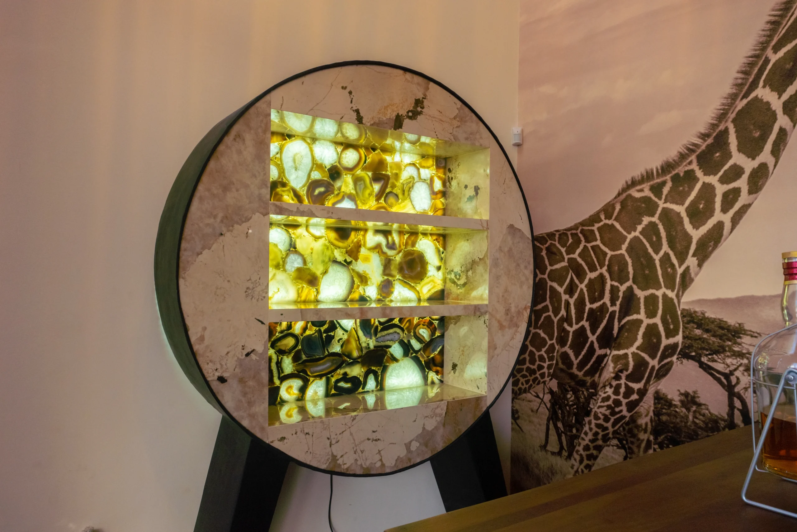 Custom Backlit Stone Shelving Unit, Caesarstone Brown Agate & Dekton Khalo, Zanzibar photo 3