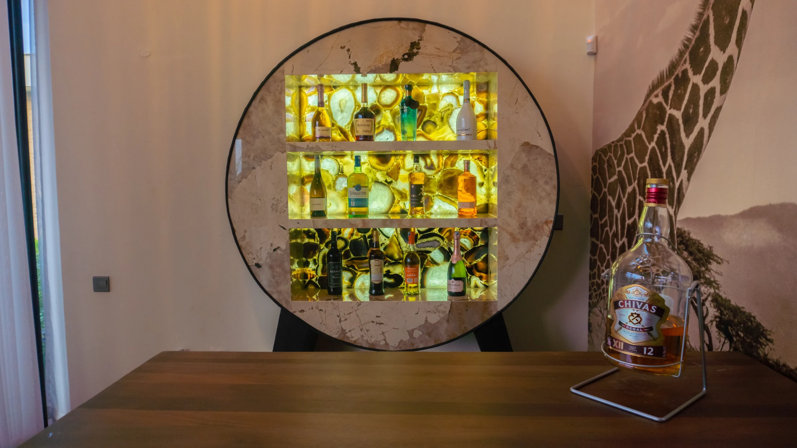 Custom Backlit Stone Shelving Unit, Caesarstone Brown Agate & Dekton Khalo, Zanzibar photo 2