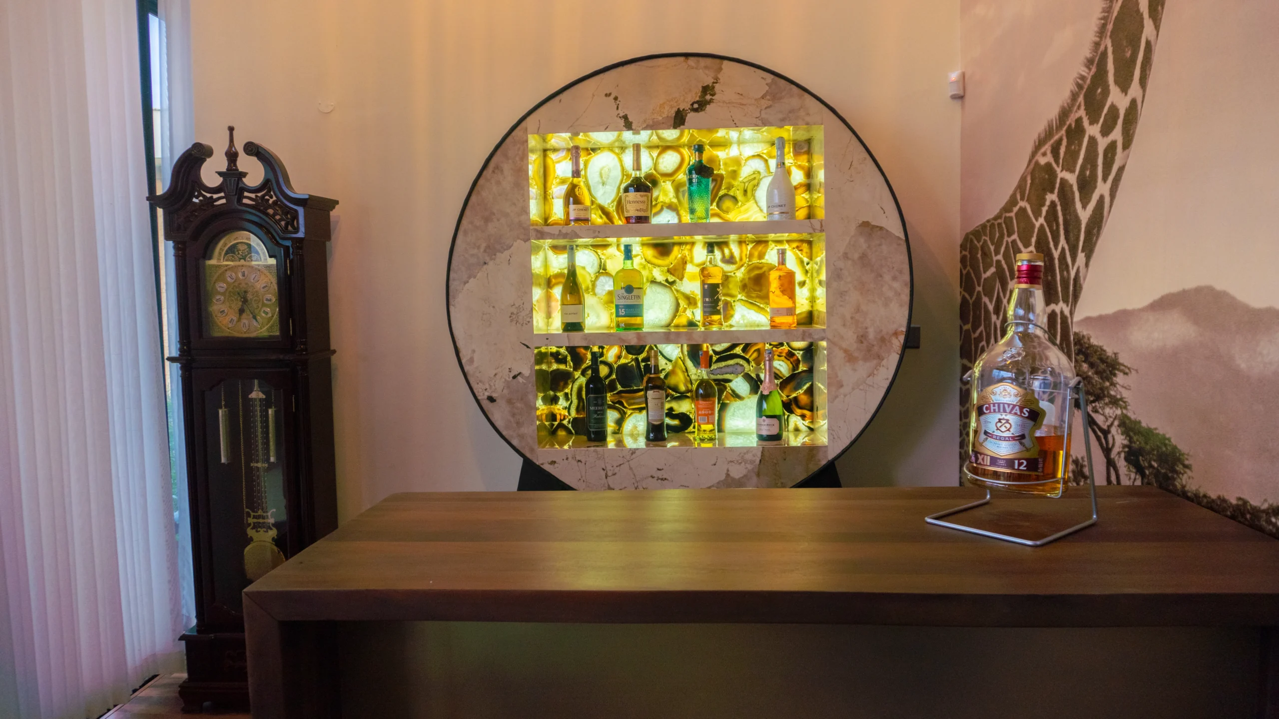 Custom Backlit Stone Shelving Unit, Caesarstone Brown Agate & Dekton Khalo, Zanzibar photo 5