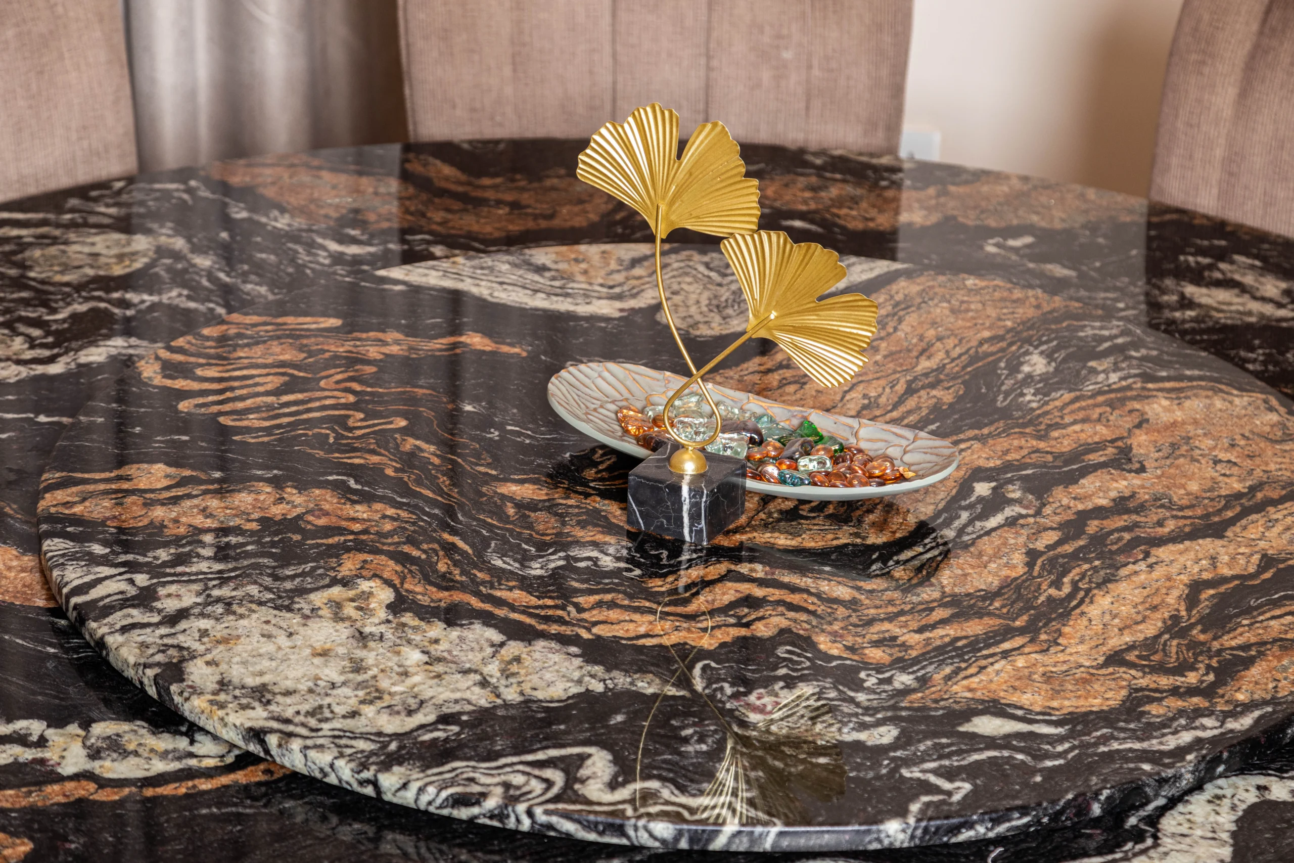 Custom Stone Dining Table & Kitchen Island, Caesarstone Brown Agate & Sensa Orinoco, Kenya photo 3